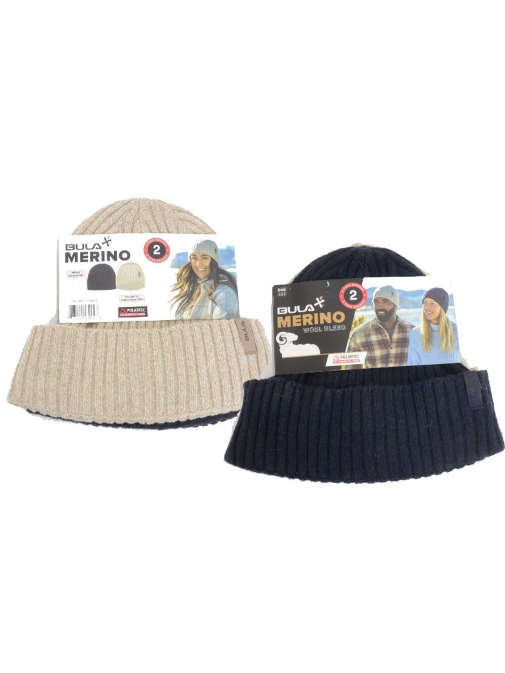 2-Pack Bula Blue/Tan Merino Wool Blend Fleece Band Liner Beanie Cap Winter NWT